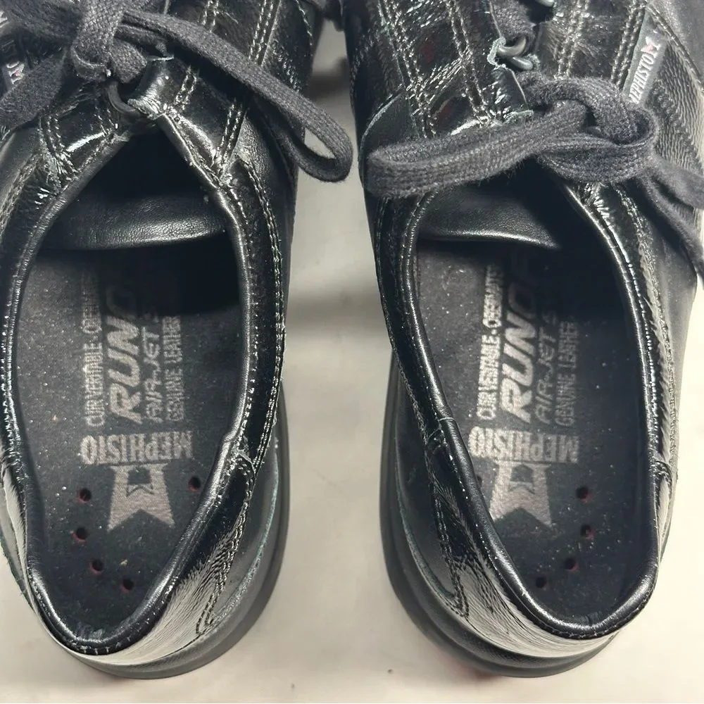 Mephisto Black Leather & Patent Lace Up Sneakers, Women's 7.5 Casual Comfortable
